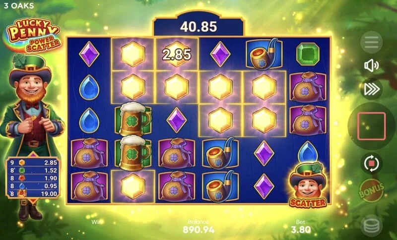 Lucky Penny Power Scatter - base game with cascading disappearances and an accumulating multiplier